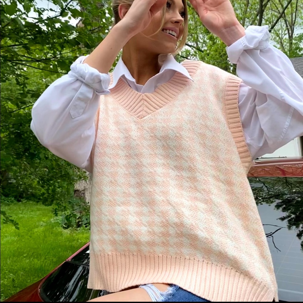 SAFRISIOR Oversized Houndstooth Knitted Vest Sweater Vintage V Neck Loose
